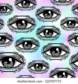 Eyes, seamless pattern in vintage psychedelic style. Ethnic background for textiles, fabric design, scrapbook, wrapping paper, wallpaper. Vector illustration. Astrology, religion. Conspiracy theory. 