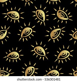Eyes, seamless pattern in vintage psychedelic style. Ethnic background for textiles, fabric design, scrapbook, wrapping paper, wallpaper. Vector illustration. Astrology, religion. Conspiracy theory. 