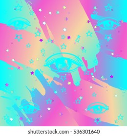 Eyes, seamless pattern in vintage psychedelic style. Ethnic background for textiles, fabric design, scrapbook, wrapping paper, wallpaper. Vector illustration. Astrology, religion. Conspiracy theory. 