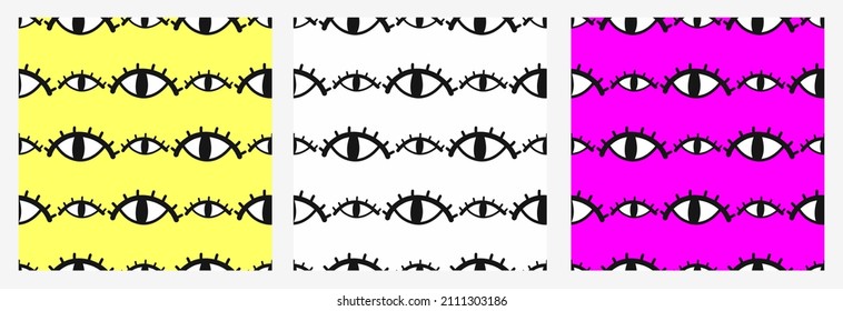 Eyes. Seamless vector pattern with hand-drawn eyes on a bright background. Eye, pupil, eyelashes. For designing clothes, applying to fabric and paper, interior decoration