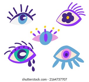 Eyes set. collection of evil, Ra, Turkish, Greek and esoteric eyes of different shapes, highlighted on a white background. Colorful elements of clairvoyance. Vector catroon illustration. 