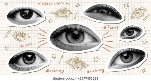 eyes set concept design with retro vintage halftone grunge dotted cutout body part collage element on beige grid patter graph paper isolated hand drawn sketch doodle background