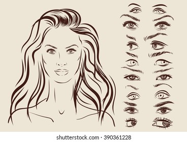 eyes set, girl character woman portrait on background. Vector