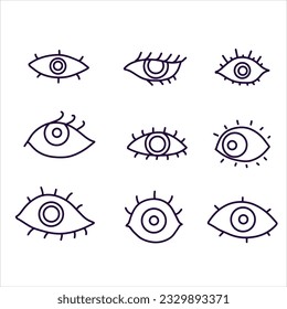 Eyes set groovy collection. Simple Outline hippie open eye icons. Human vision. Illustration isolated on white