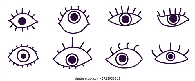 Los ojos establecen una colección estupenda. Iconos hippie simples del ojo abierto del esquema. Visión humana. Ilustración aislada en blanco