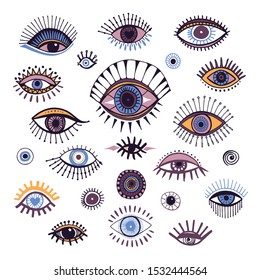 Dibujo a mano de los ojos, símbolo de doodle iconos coloridos, elemento de diseño, ojo dibujado con tinta. Resumen de ilustraciones vectoriales aisladas sobre fondo blanco.