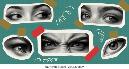 olhos definidos com meio-tom retro grunge efeito pontilhado colagem elementos face corpo partes isoladas recorte jornal impressão papel conceito design vintage coleção em fundo verde