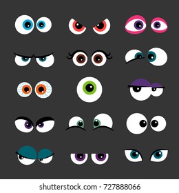 Eyes Set vector illustration. Funny comic monster eyes isolated on gray. Angry and scared, cunning and plaintive