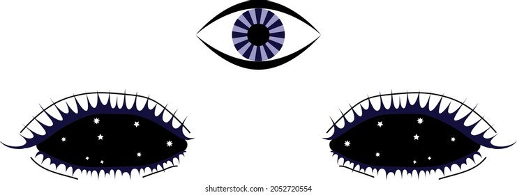 Eyes showing the starry sky and the third eye. Esoterics. Isolated. Vector