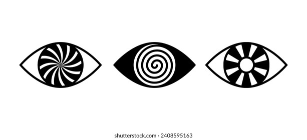 Eyes sign set. Vision outline symbols collection. Hypnosis eyeball concepts pack. Watching or observing icon elements for poster, banner, brochure, leaflet, booklet. Vector illustration bundle