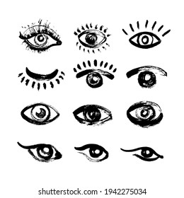 Eyes signs set of black ink freehand. 10 different options. 