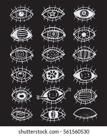 Eyes sketchy hand drawn outline collection on black. Eye set monochrome black and white sketch textured doodle design. Vector illustration.