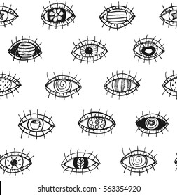 Eyes sketchy hand drawn outline seamless pattern background. Eye tileable backdrop, monochrome black and white sketch textured doodle design. Vector illustration.