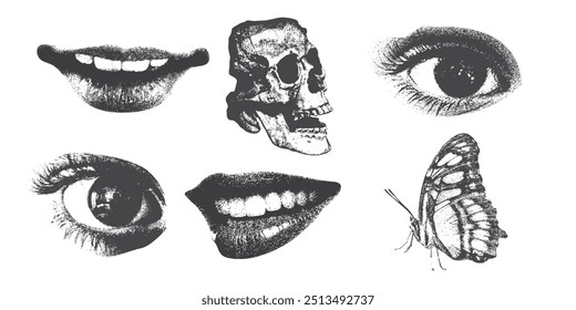 Eyes, skull, butterfly, Mouth and lips in scream, for grunge punk y2k collage design, with monochrome photocopy effect, 