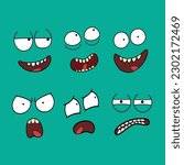 Eyes and Smiles cartoon style, Rick and Morty, groovy, funky, vector illustration, emotion set, cartoon mouth