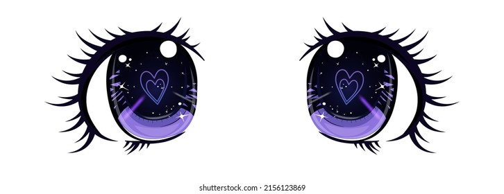 Eyes and space   hearts in anime style  Print for T  shirts  Vector illustration 