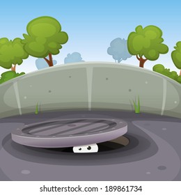 Eyes Spying From Manhole/ Illustration of a funny cartoon urban scene with human, animal or creature character's eyes looking from a manhole