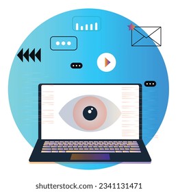 Eyes Surveillance Chat Bubble Security. Digital Marketing illustrations. Business activities. Modern deep machine learning technology. Flat vector illustration