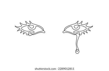 Eyes with a tears continuous line drawing, tattoo, print for clothes and logo design, silhouette single line on a white background, isolated vector illustration.