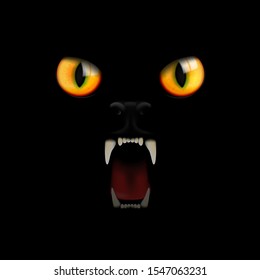 Eyes and teeth of a black cat on a black background. Vector illustration.