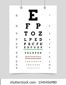 Eyes test chart. poster with letter for ophthalmologist to test eyesight. isolated vector illustration