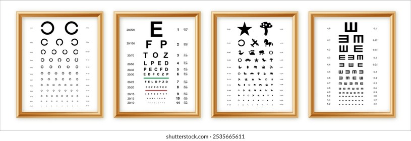 Os olhos testam gráficos com letras latinas isoladas no fundo. Cartaz médico de design de arte com sinal em moldura dourada. Elemento gráfico conceitual para exame oftálmico para exame visual.