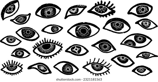 Eyes. Textured black outline. Vector set of hand drawn illustrations in doodle style.