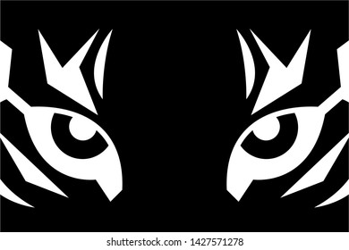 Сlose up eyes of tiger. Black and white t-shirt print with tiger face. Vector sticker