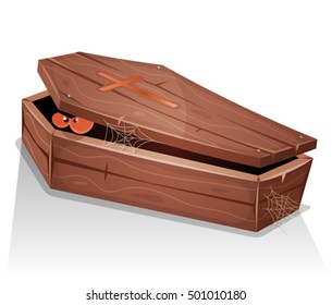 Eyes Of Vampire Inside Wood Coffin/
Illustration of a cartoon wooden casket with lid open, and eyes of a vampire creature inside