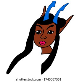 eyes vector, Face of elf magical character. Brown toned head,  blue horns, hair blowing in the wind. Clipart vector, human vector, video game, avatar, mascot, vector art, authentic, digital painting