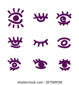 Eyes vector hand drawn illustration. Violet lines on white background.