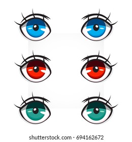 Eyes vector icon set. Anime, manga colorful eyes. Flat cartoon style. Element for design. Cartoon, Monster, Evil, Ghost logo, symbol. Vector illustration
