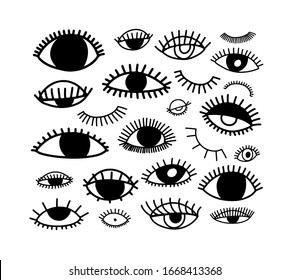 Eyes vector icon set in doodle line style. Ink illustration isolated on white. Set of hand drawn open, closed and sleeping eye shapes with lashes. Modern outline style icons collection. 