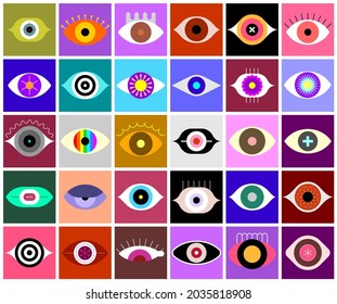 Eyes Vector Icon Set. Large Bundle Of Colored Eye Shapes, Decorative Symbols, Design Elements.