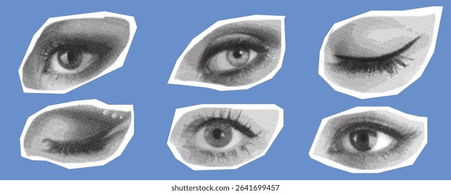 Eyes Vector Illustration, Halftone Pattern on Blue Background.