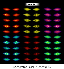 Eyes Vector image, glow in the dark look scary look for horror Halloween scare, set of different colors of red, yellow, green, blue, purple.