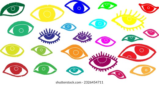 Eyes. Vector set of colored design elements, hand drawn in linocut style, minimalism, scandinavian style, graphic.