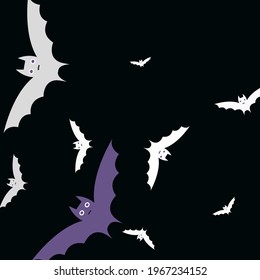 Eyes White Purple Sky Background. Black Creepy Gothic Colorful Print Bats Vector Design Pic. Attack Motion Retro Scary Halloween Art Illustration. Night Grey Spooky Violet Flying Bats Art Pattern.