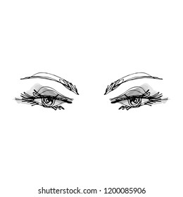 Eyes and yelashes logo. Stylized hand drawn art. Abstract black and white vector illustration