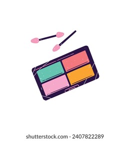 Eyeshadow with different colors in palette. Closed eye shadow package with applicators. decorative cosmetics for make up. Makeup product top view. Flat isolated vector illustration on white background