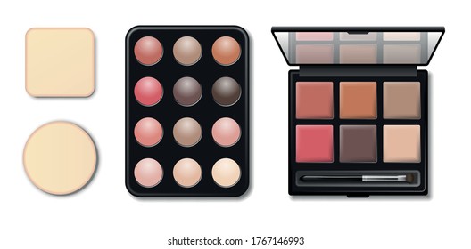 Eyeshadow makeup shaping palette. Realistic 3d black plastic case with eyeshadow and eyebrow brush applicator isolated on white. Top view. Vector