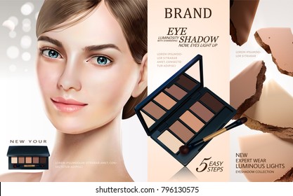 Eyeshadow palette ads, pretty model in short hair with eyeshadow products and powder texture elements in 3d illustration