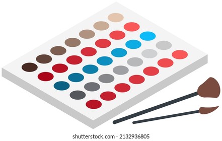 Eyeshadow palette and application brushes. Decorative cosmetics for eye makeup. Colored refills, eyeshadow palette of different shades. Make-up creation, work with eye cosmetics and tools concept