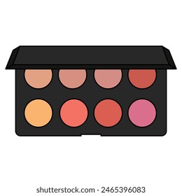 Paleta de sombras. Caja cuadrada de plástico negro con colorido polvo mate, brillantina muestras redondas. Cuadro de maquillaje de vista superior aislado sobre fondo blanco. Plantilla de productos de Vector.