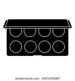 Paleta de sombras. Caja cuadrada de plástico negro con colorido polvo mate, brillantina muestras redondas. Cuadro de maquillaje de vista superior aislado sobre fondo blanco. Plantilla de productos de Vector.