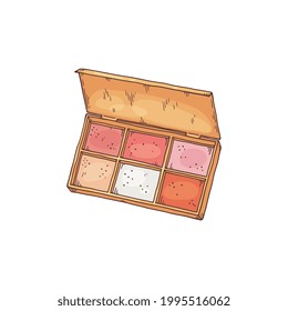 Eyeshadow palette or blush makeup kit, hand drawn sketch vector illustration isolated on white background. Open container of decorative visage cosmetics.