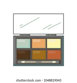  Eyeshadow palette with brush. Package with eye shadow for nude makeup: shiny nature colors. Open palette. Modern style vector illustration icons. Isolated on white background.