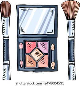 Eyeshadow palette and brushes. Hand drawn makeup icon