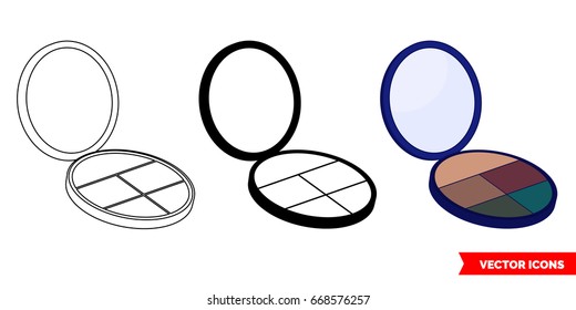 Eyeshadow palette icon of 3 types: color, black and white, outline. Isolated vector sign symbol.