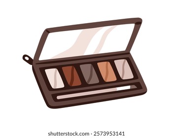 Eyeshadow palette, makeup box. Eye shadow, decorative cosmetic kit with shades. Portable compact beauty product with mirror and brush. Flat graphic vector illustration isolated on white background